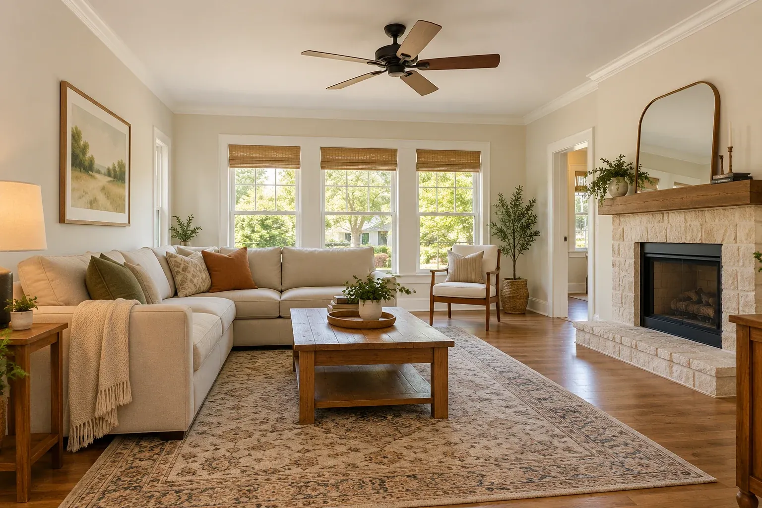 living room with restored walls, ceiling and trim