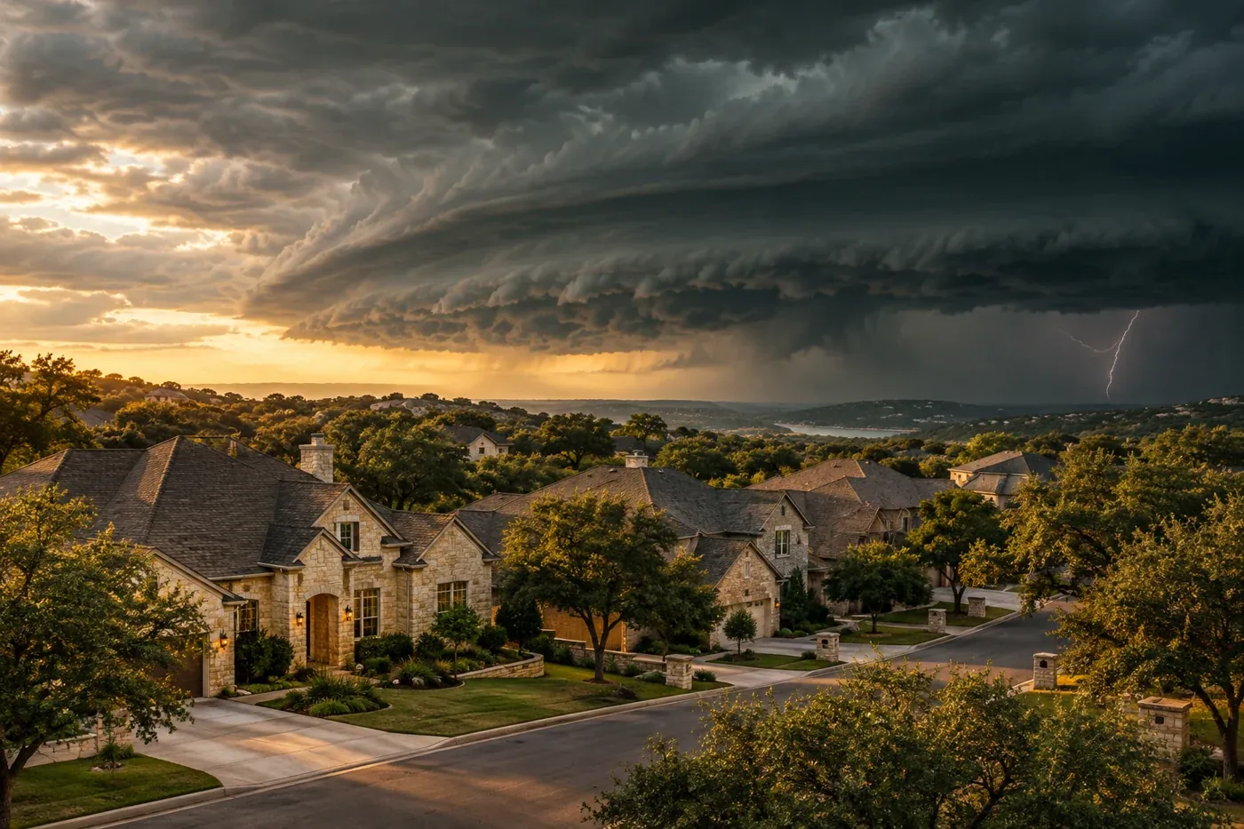 Dark shelf clouds and distant lightning approaching a neighborhood of Central Texas-style homes.